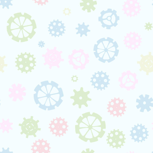 ilustrações de stock, clip art, desenhos animados e ícones de scattered sprocket-wheels, gear silhouettes seamless pattern, pastel colors. children's design. seamless pattern silhouette cut gears mechanical machine parts clock gearwheel. design for scrapbooking, business cards - straggling