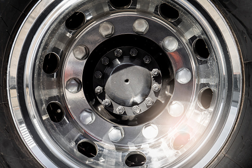 Close up chrome wheel, A big truck wheel.