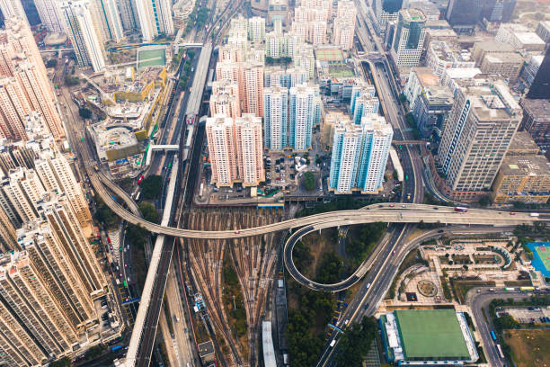 香港のクールーンベイ地区の空中ドローン写真 - kowloon bay ストックフォトと画像