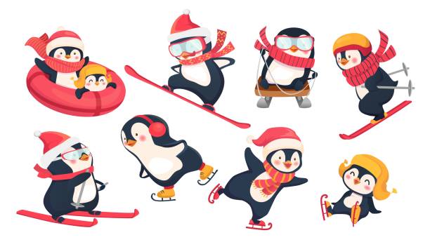 ilustrações, clipart, desenhos animados e ícones de pinguins ativos no inverno - sleding
