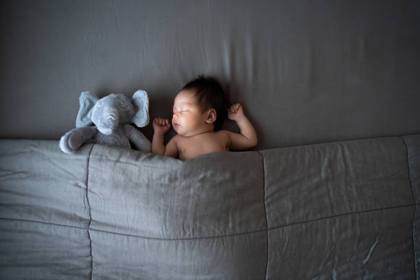 nackte asiatische baby säugling schlafen auf grauen bett mit decke. studio-aufnahme. elefant puppe für baby-freund. - lullaby stock-fotos und bilder