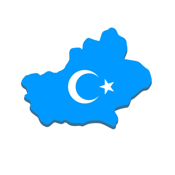 stockillustraties, clipart, cartoons en iconen met kaart van xinjiang. nationale blauwe vlag van de oeigoeren. chinese provincie. aziatische cultuur. vlakke beeldverhaalillustratie - urumqi