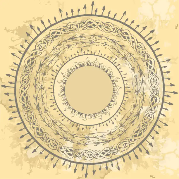 Vector illustration of set of stylized round frameworks from hand drawing Scandinavian Viking motifs, folk ornamental borders