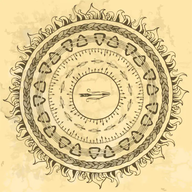 Vector illustration of set of stylized round frameworks from hand drawing Scandinavian Viking motifs, folk ornamental borders