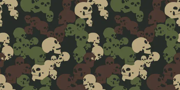 Vector illustration of Camo seamless pattern with skulls. Camouflage in green colors. Military vector background for your design.