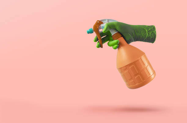 istock Cleaning Concept. Hand with Protective Glove holding a Spray Bottle. Floating over Colorful Pop Color background 1298065020