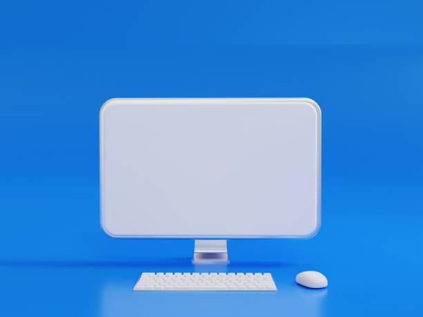 istock 3D Rendering Realistic Computer LCD Monitor mock up with Blank or White Screen, Keyboard and mount  blue background or isolated For internet use 1298065283