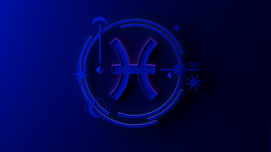 3D illustration of pisces zodiac sign on dark background. Horoscope. Tarot.