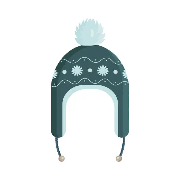 Vector illustration of Green knitted hat with a vintage pattern. Warm winter hat. For design on New Year's or Christmas themes, as well as on the theme of winter. Vector, Flat style.