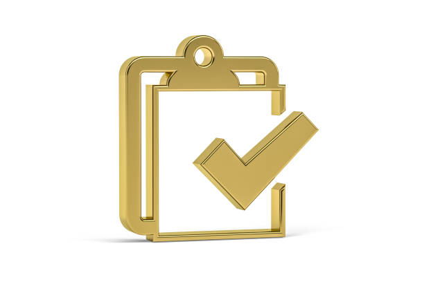 Check list icon Golden 3d check list icon isolated on white background - 3D render check mark metal three dimensional shape symbol stock pictures, royalty-free photos & images