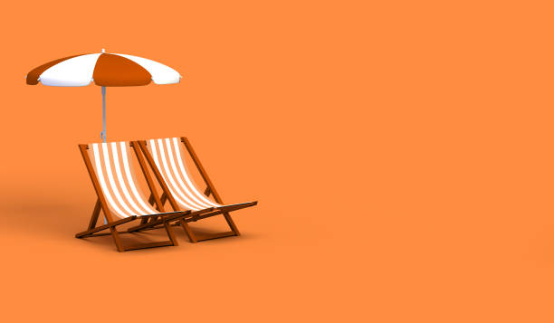 istock Folding beach chairs with parasol on pastel orange background. Summer and vacation concept. 3D illustration. 1298070170