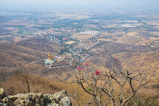 A bird's eye view from the top of the moon crescent mountain and overlooking Khao Wong Prachan Temple. Which is an important tourist attraction of Lop Buri Province in Thailand