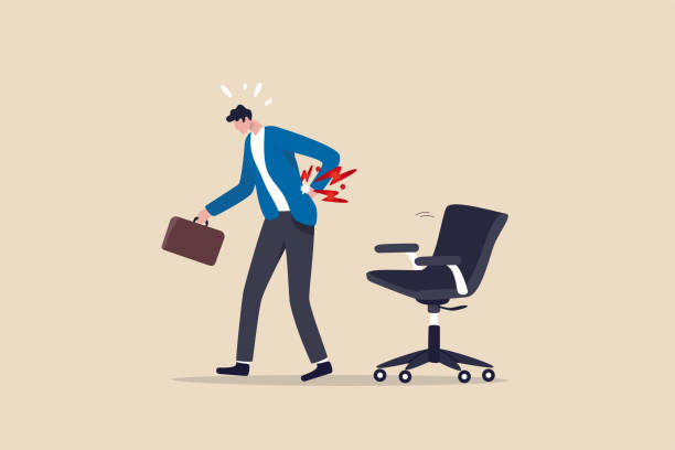 Office syndrome back pain, sitting and work too long causing back ache or inflammation of neck, shoulder and back muscles concept, painful office worker holding his back pain with office chair. Office syndrome back pain, sitting and work too long causing back ache or inflammation of neck, shoulder and back muscles concept, painful office worker holding his back pain with office chair. back pain stock illustrations