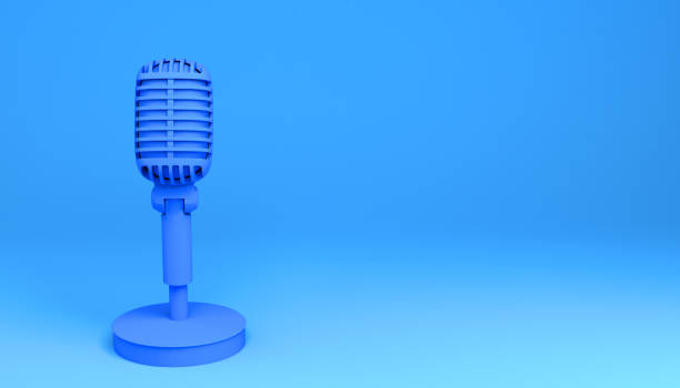 istock Table-top microphone with base on blue background. 3D illustration. Podcast. 1298073942