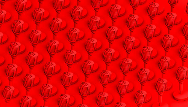 istock Red microphones background. 3D illustration. Isometric view. 1298074058