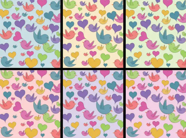 Vector illustration of Pattern with heart and birds with 6 different colored backgrounds