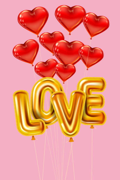 istock Love gold helium metallic glossy balloons realistic text. Bunch of heart shape flying red balloons, happy Valentines Day, party, decoration, greeting card. Vector banner flyer isolated 1298075299