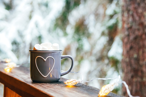 Gray mug with hot chocolate and marshmallow in winter landscape. Heart decorated. Winter holidays in the forest.