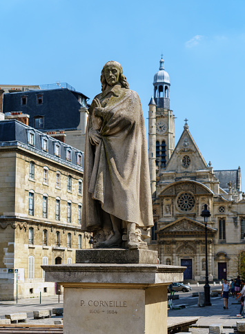 Paris, France - August 11 2020: Pierre Corneille (1606-1684) statue at Pantheon square by Georges Rispail - Paris, France