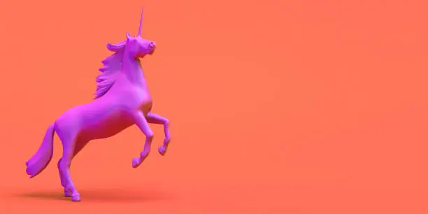 Banner with pink unicorn trotting. Abstract. 3d illustration.