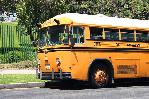 Los Angeles, California, USA - May 3, 2008: Old yellow school bus parked in Downtown Los Angeles.