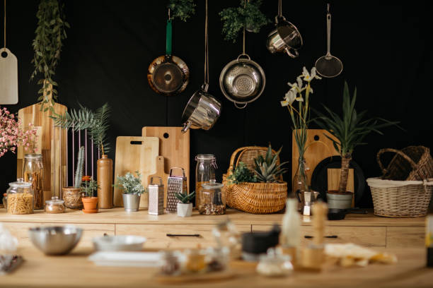 Well organized kitchen equipment, spices and other kitchen accessories, still life