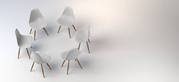 Chairs in a circle. Meeting. White background. Banner. 3d illustration.