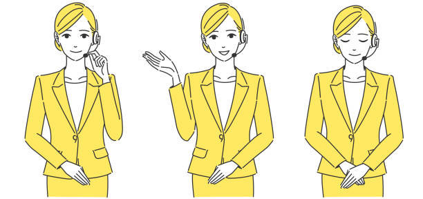 Illustration of a woman in a suit wearing a headset Illustration of a woman in a suit wearing a headset guidance illustrations stock illustrations