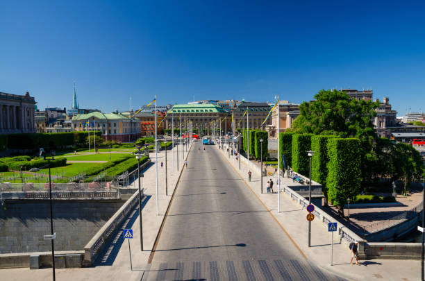 pelouse verte et rue de riksplan avec des drapeaux nationaux, stockholm, suède - norrbro photos et images de collection