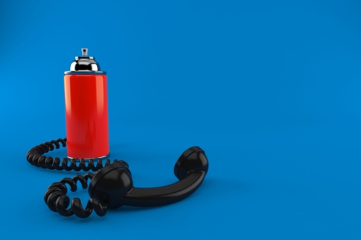 Spray can with telephone handset isolated on blue background. 3d illustration