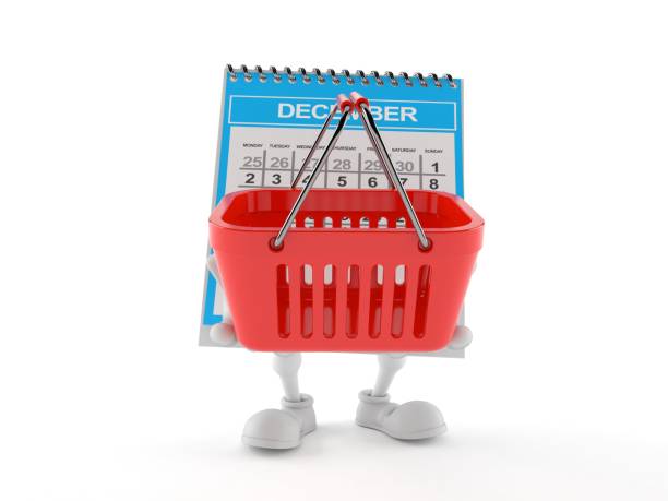 istock Calendar character holding empty shopping basket 1298079821