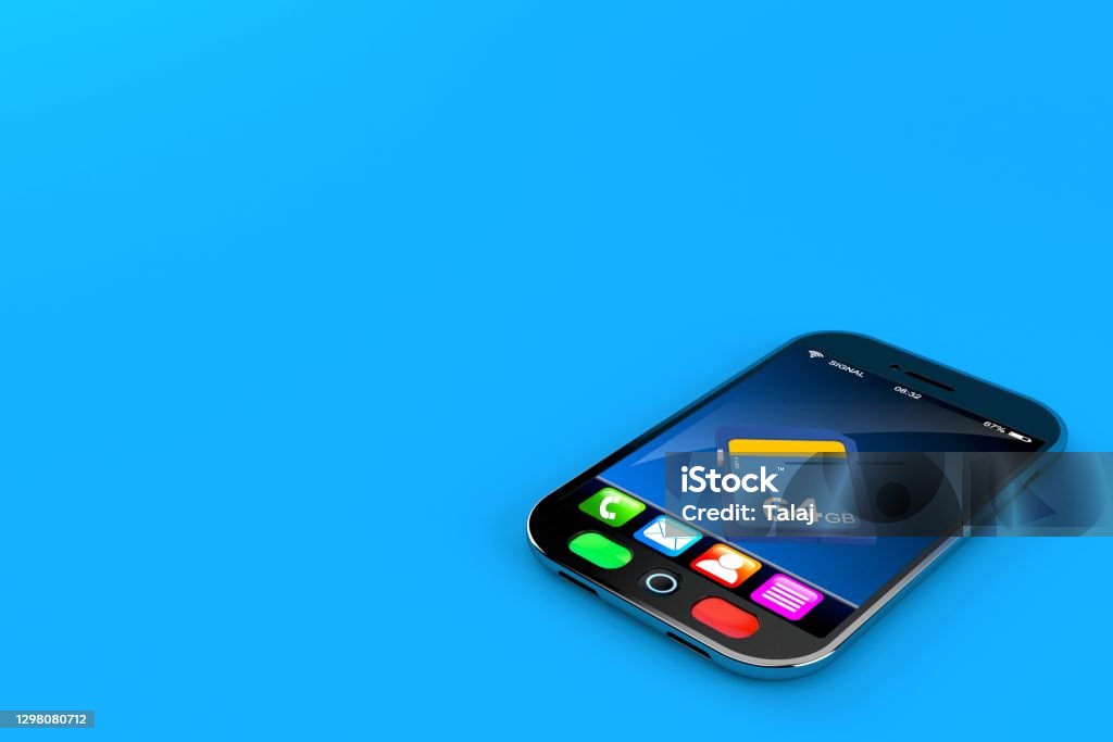 SD card on smartphone SD card on smartphone isolated on blue background. 3d illustration Backup Stock Photo