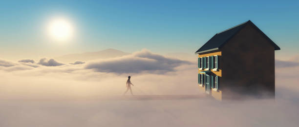 istock Man walking to home over clouds . Dream house concept . This is a 3d render illustration . 1298080748