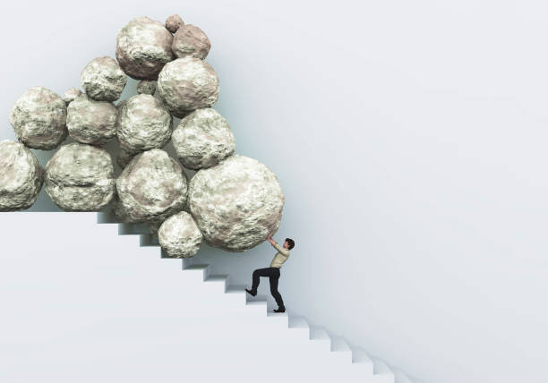 Man pushing stones on stairs . Difficult multi tasks . Financial problems . This is a 3d render illustration . stock photo