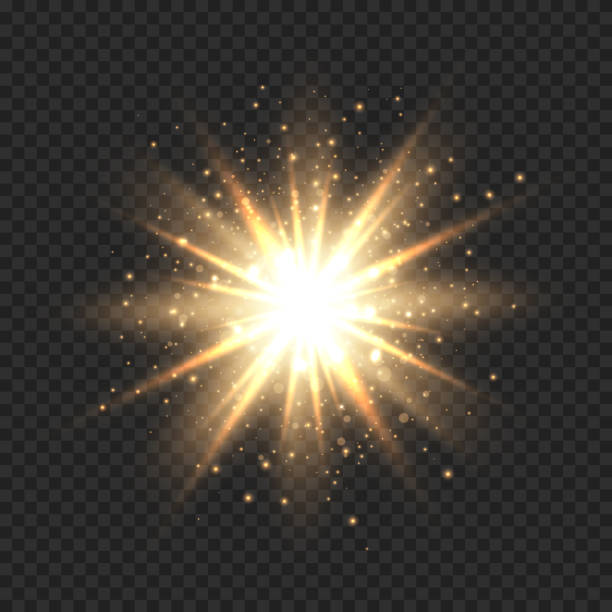 gwiazda pęka z błysków. efekt złotego światła flary z gwiazdami, blaskami i brokatem izolowanym na przezroczystym tle. wektorowa ilustracja błyszczącej gwiazdy blasku z gwiezdnym blaskiem, złotą flarą obiektywu - abir stock illustrations
