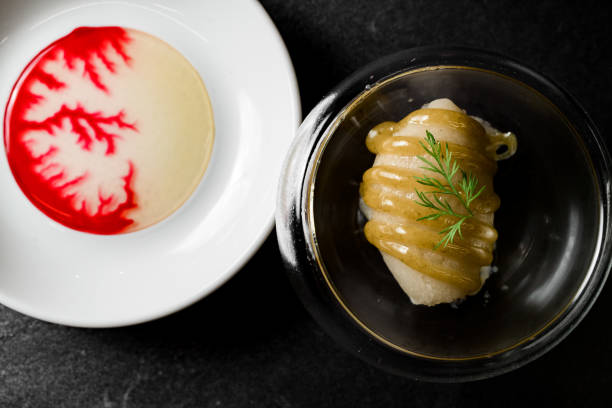 Molecular gastronomy creativity modern cuisine, beautiful dessert dish with decoration, top view