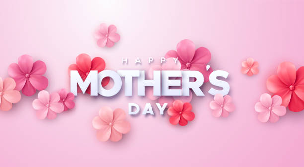 Happy Mothers Day. Happy Mothers Day. Vector holiday illustration with colorful 3d paper flowers and text label. Realistic 3d spring banner. I love you mom. Holiday sale or offer sign mothers day stock illustrations