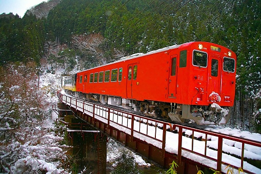 Kamikawa City,Kanzaki-gun, Hyogo Prefecture, Japan.\nJanuary,01,2021: JR Railway-Bantan Line.\n A train that runs between Hase Station and Ikuno Station.