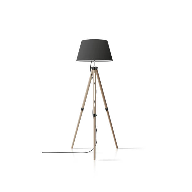 istock Decorative floor lamp tripod. Original model with black silk lampshade and wooden legs. For living room, bedroom, study and office. Vector illustration on a white background. 1298089442
