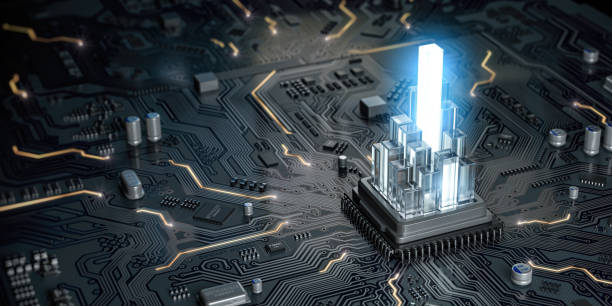 istock CPU processor with graph from crystales on the circuit board motherboard. Compare of speed level and cooling of CPU information technology concept. 1298091343