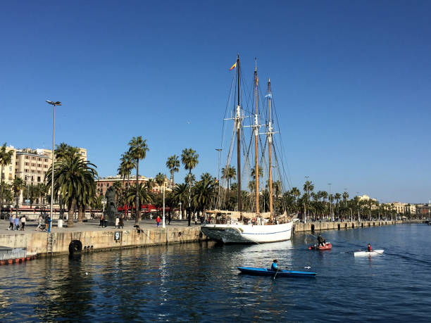 Ship with three masts in the harbor of Barcelona in Spain February 25,2017