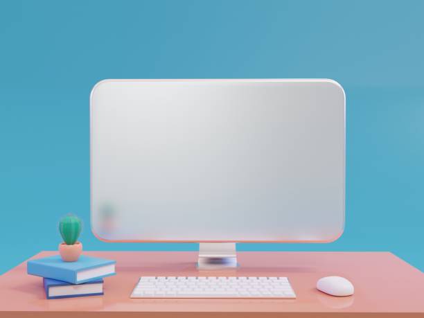 istock 3D Rendering Realistic Computer LCD Monitor mock up with Blank or White Screen, Keyboard, mount with green cactus on the book on orange work table blue background For internet use 1298091594