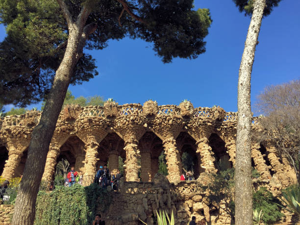 People are visiting the popular park Guell in Barcelona in Spain February 26,2017