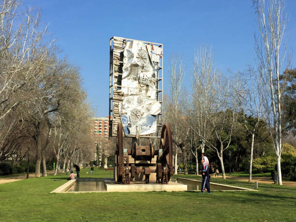 Modern sculpture in a green park in Barcelona in Spain February 27,2017
