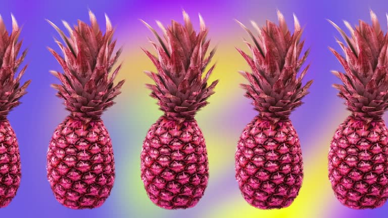 animation of the movement of pineapples from left to right. It rotates and changes color. tropical fruit on a colored background. the concept of style, healthy food, fashion. 3d motion design.