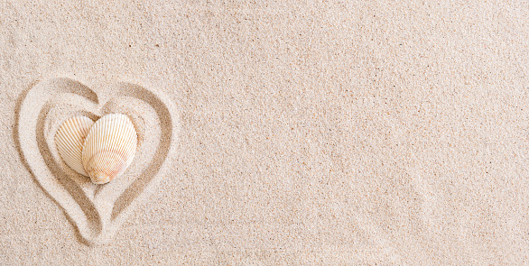 Two seashells in the shape of a heart on a smooth sandy beach with copy space, top view