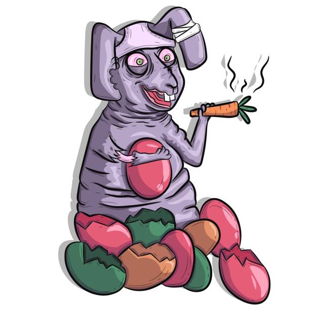 Fat Easter bunny sitting, smoking a carrot and drinking eggs. Funny stoned rabbit conceptual art. Fat Easter bunny sitting, smoking a carrot and drinking eggs. Funny stoned rabbit conceptual art. rabbit tooth stock illustrations