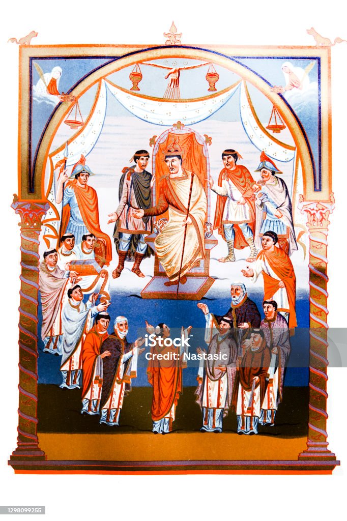 찰스 대머리 (823 aa 877) 신성 로마 황제와 웨스트 프란시아의 왕이 일부 승려와 사제에 의해 성  경을 제시되는 보여주는 빈티지 색상 조각. - 로열티 프리 프랑스 스톡 일러스트