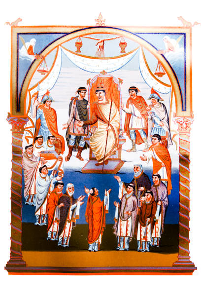 찰스 대머리 (823 aa 877) 신성 로마 황제와 웨스트 프란시아의 왕이 일부 승려와 사제에 의해 성경을 제시되는 보여주는 빈티지 색상 조각. - francia stock illustrations