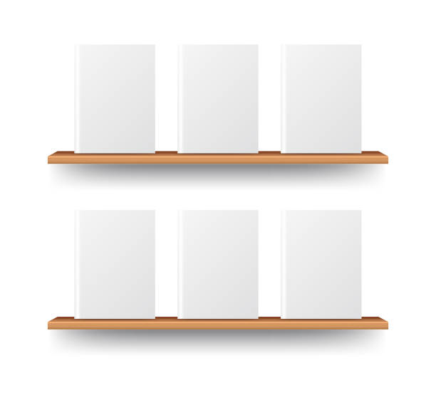 ilustraciones, imágenes clip art, dibujos animados e iconos de stock de maqueta de estantería de madera para presentación web - estantería de libros